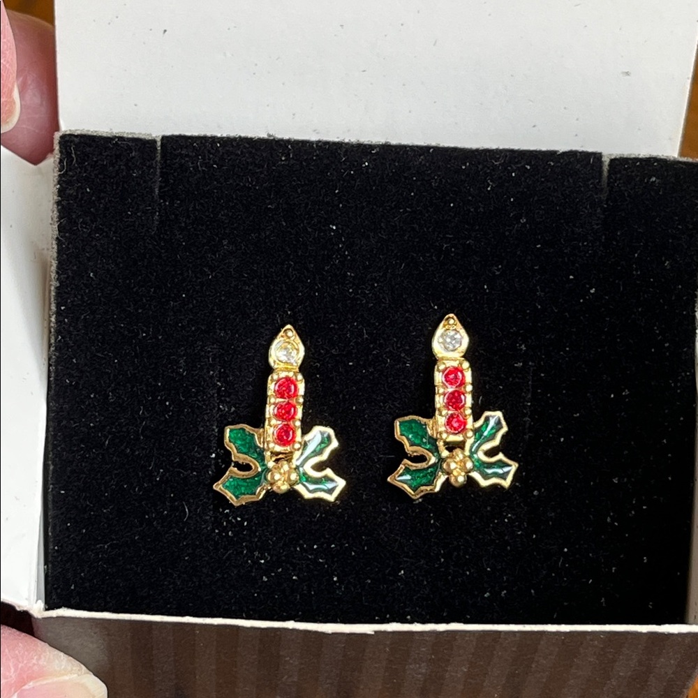 Avon 1992 Gold Tone Sparkling Christmas Candle Earrings
